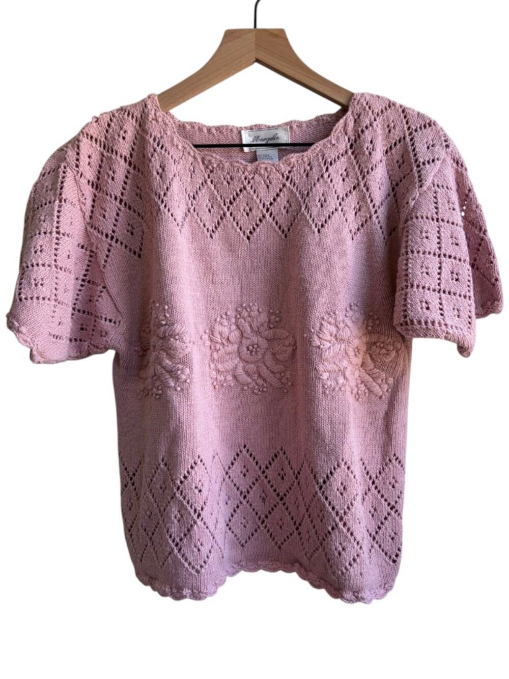 Vintage 90s Margules Cotton Floral knit short sleeve sweater cottagecore small
